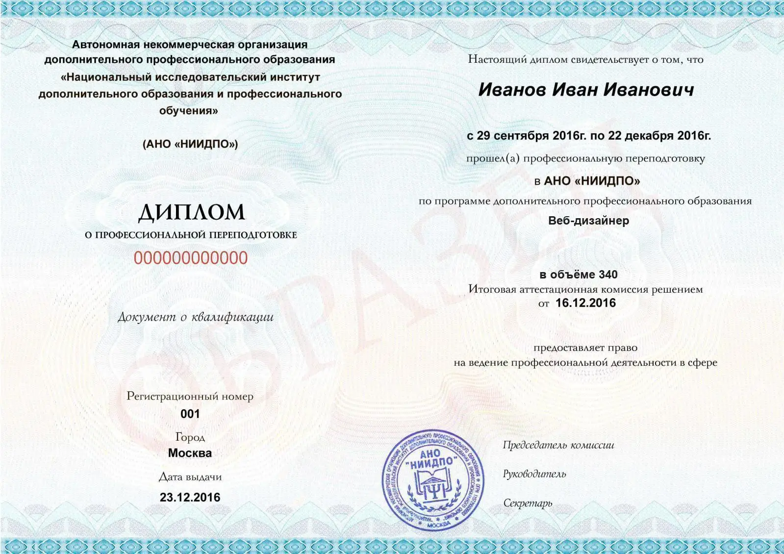 Диплом о дополнительном профессиональном образовании